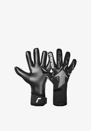 Par de guantes de portero negros, uno mostrando la palma acolchada, el otro mostrando el reverso con patrón con la marca "reusch" y correas para la muñeca.