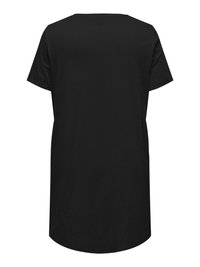 Sort, kortærmet kjole med rund halsudskæring og let buet kant, vist bagfra.