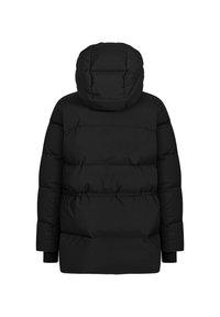 Chaqueta de plumas negra con capucha, que presenta un diseño acolchado, puños elásticos y una cintura ajustada para una silueta estilizada.