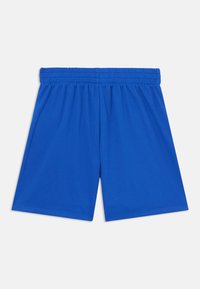 Blå atletiska shorts i lätt tyg, med elastisk midja, slät yta och en enkel design utan mönster.