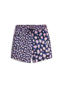 Bañador de marina con un patrón abstracto en rosa y azul, cintura elástica, cordón y pequeño detalle del logotipo en la parte delantera inferior.