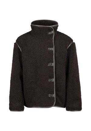Schwarze strukturierte Fleecejacke mit hohem Kragen und fünf Knöpfen vorne, mit glattem Besatz an Kanten und Nähten.
