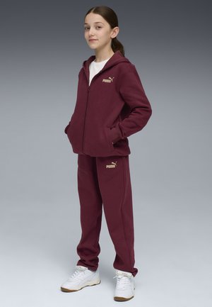 Felpa maroon con cappuccio e cerniera, dotata di un logo dorato. Abbinata a pantaloni maroon e sneakers bianche con dettagli dorati. Texture liscia.