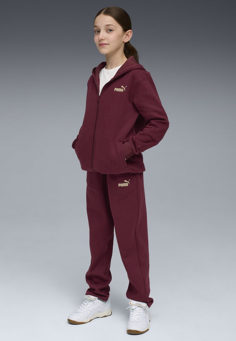 Felpa maroon con cappuccio e cerniera, dotata di un logo dorato. Abbinata a pantaloni maroon e sneakers bianche con dettagli dorati. Texture liscia.