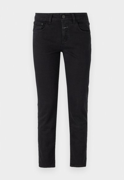 Svarte denim jeans med smal passform, som har vanlig knappelukking, fem lommer og en jevn tekstur. Ingen mønstre eller utsmykninger.