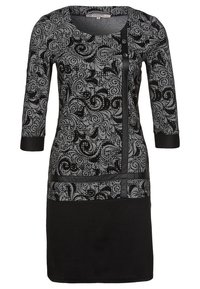 Svart klänning med trekvartsärmar, med ett silver paisleymönster, texturerad tyg och en svart läderdetalj längs framsidan.