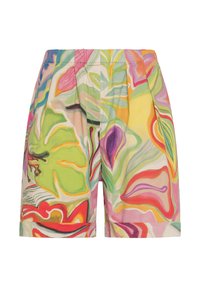 Pantaloni corti colorati con un vivace motivo floreale astratto, realizzati in tessuto leggero, con fronte plissettato e orlo arrotolato.