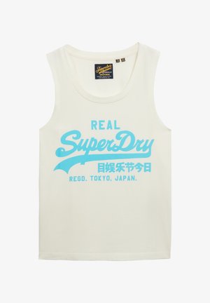Débardeur en coton blanc avec un imprimé graphique bleu comportant le texte "REAL SuperDry" et des caractères japonais, col rond et sans manches.