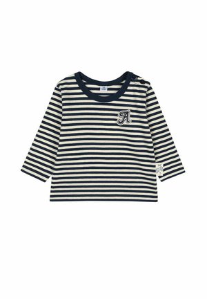 Gestreiftes Langarmhemd in Marineblau und Creme mit Rundhals, das mit einem gestickten Buchstaben "A" und Druckknopfverschlüssen an der Schulter versehen ist.