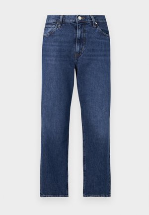 Denim jeans in a dark blue wash. Straight leg design with five-pocket styling, front button closure, and contrasting stitching detailing.
