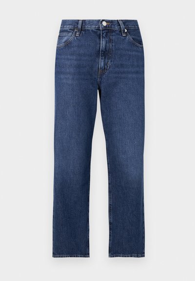 Jeans in denim di un blu scuro. Design a gamba dritta con cinque tasche, chiusura frontale con bottone e dettagli di cucitura a contrasto.