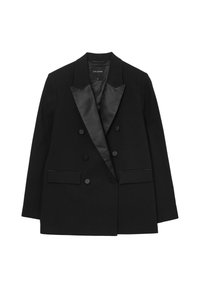 Schwarzer doppelt geknöpfter Blazer mit satinierten Revers, sechs verdeckten Knöpfen und zwei vorderen Eingrifftaschen, Größe S.