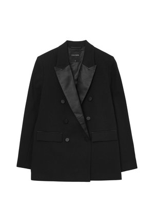 Blazer nero doppiopetto con rever in satin, sei bottoni rivestiti e due tasche a flap anteriori, etichettato taglia piccola.