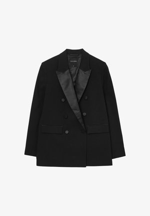 Black double-breasted blazer with satin notch lapels, six covered buttons, and two front flap pockets, labeled size small.