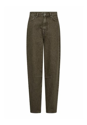 Olivinvihreät farkut, joissa on korkea vyötärö, suorat lahkeet ja hillitty etusaumakiristys. Sisältää napillisen sulkimen ja perinteiset taskut.