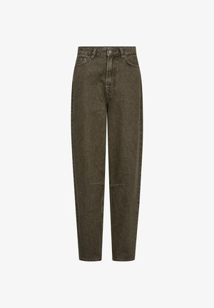 Jeans in denim verde oliva con vita alta, gamba dritta e dettagli sottili con cuciture frontali. Presentano una chiusura con bottone e tasche tradizionali.