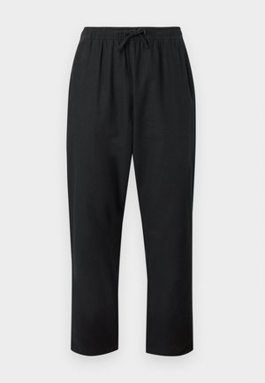 Črne hlače sproščenega kroja z elastičnim pasom in vrvico za zategovanje, z ravnimi hlačnicami in stranskimi žepi, prikazane na belem ozadju.