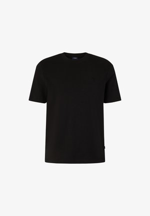 Zwarte T-shirt, ronde hals, korte mouwen, gemaakt van katoen. Bevat een kleine tonale logo op de borst. Gladde textuur, relaxte pasvorm.