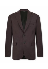 Hnědý na míru šitý blazer vyrobený z texturované tkaniny, s klopovými límci, dvěma knoflíky a klopovými kapsami po obou stranách. Podšívka uvnitř.