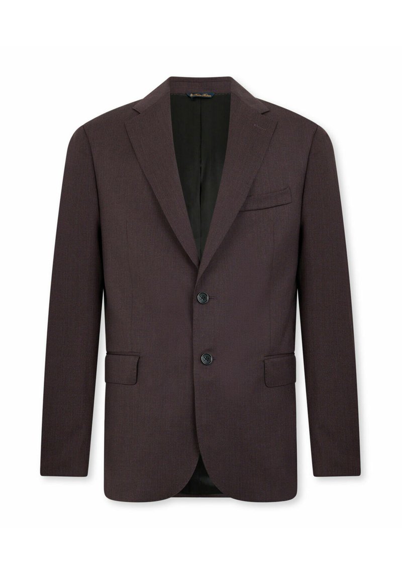 Hnědý na míru šitý blazer vyrobený z texturované tkaniny, s klopovými límci, dvěma knoflíky a klopovými kapsami po obou stranách. Podšívka uvnitř.