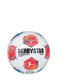 Pallone da calcio bianco con motivi colorati a spruzzo, con accenti rossi e blu, un design a stella e un marchio ben visibile "DERBYSTAR BUNDESLIGA".