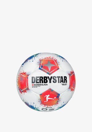 Weißer Fußball mit bunten Spritzmustern, der rote und blaue Akzente aufweist, ein Sternendesign hat und auffällige "DERBYSTAR BUNDESLIGA"-Markenkennzeichnung zeigt.