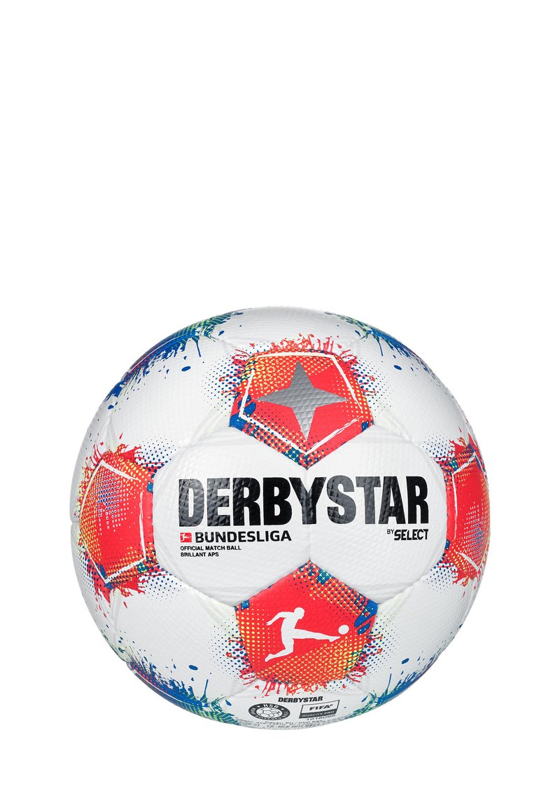 Pallone da calcio bianco con motivi colorati a spruzzo, con accenti rossi e blu, un design a stella e un marchio ben visibile "DERBYSTAR BUNDESLIGA".