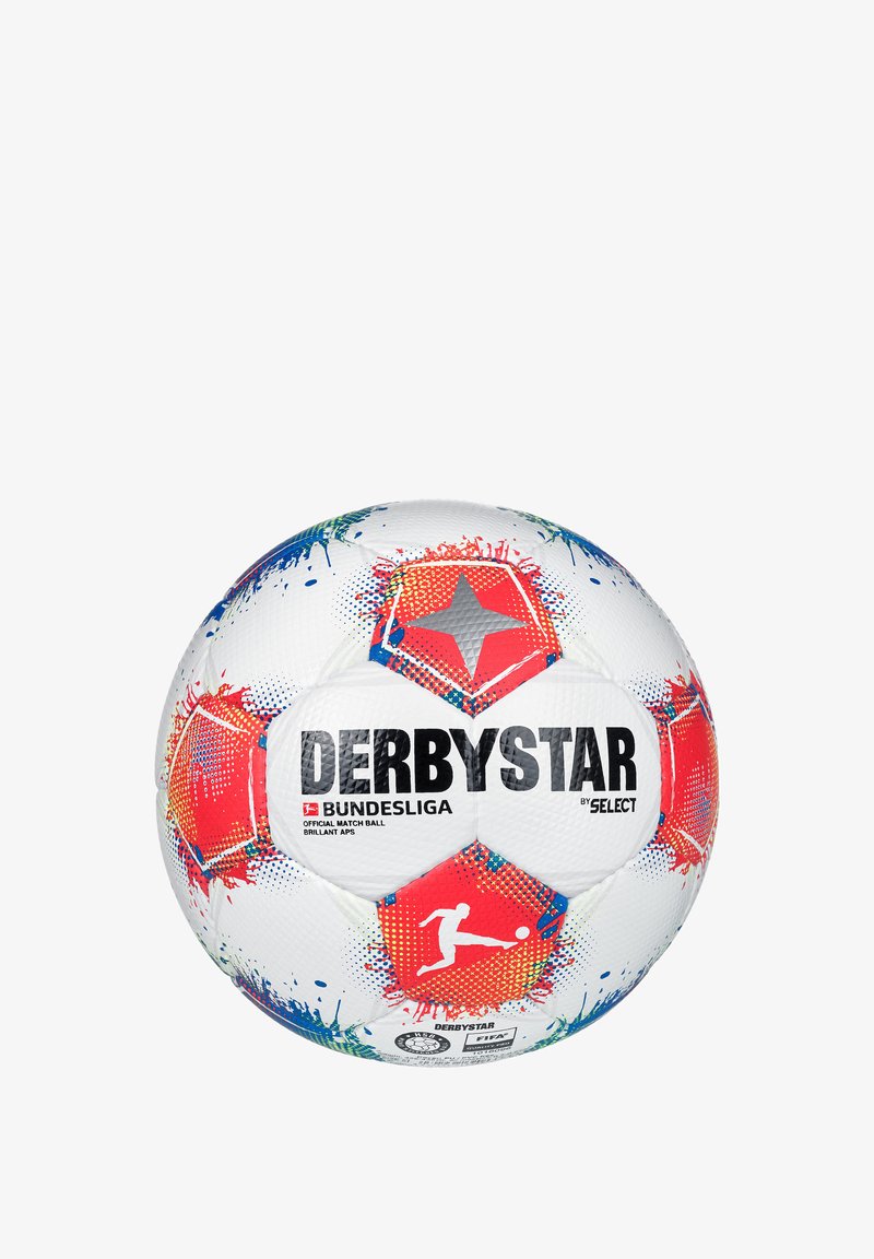 Pallone da calcio bianco con motivi colorati a spruzzo, con accenti rossi e blu, un design a stella e un marchio ben visibile "DERBYSTAR BUNDESLIGA".