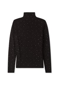 Maglione nero a maniche lunghe con collo alto dal design aderente, caratterizzato da dettagli metallici sparsi su tutta la stoffa.