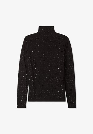 Maglione nero a maniche lunghe con collo alto dal design aderente, caratterizzato da dettagli metallici sparsi su tutta la stoffa.
