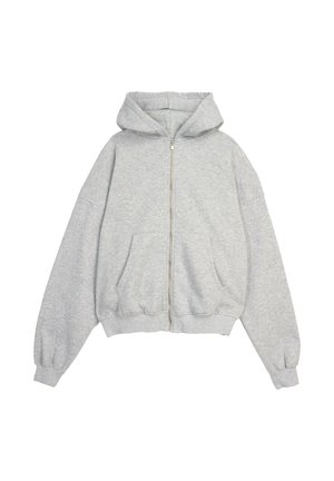 Szary rozpinany hoodie wykonany z miękkiego materiału, z dużym kapturem, przednimi kieszeniami oraz ściągaczami na mankietach i u dołu. Luźny krój z opadającymi ramionami.