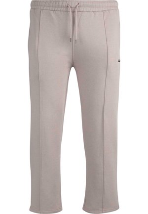 Pantalon de survêtement gris clair en tissu doux avec une taille élastique et un cordon de serrage ajustable. Comprend deux coutures latérales et un accent logo subtil.