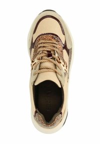 Beige and brown sneaker featuring a textured design with mesh, leather, and patent accents. Laces are in a light brown color.