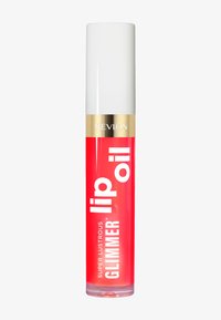 Olej do ust Revlon w przezroczystej tubce z białą nakrętką. Olej jest w jasnoróżowym kolorze, oznaczony napisem "Super Lustrous Glimmer Lip Oil" na wyraźnym białym tle.