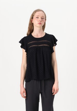 Black blouse with short, ruffled sleeves, textured dot pattern, and lace inserts across the chest. Soft fabric, loose fit, and rounded neckline.
