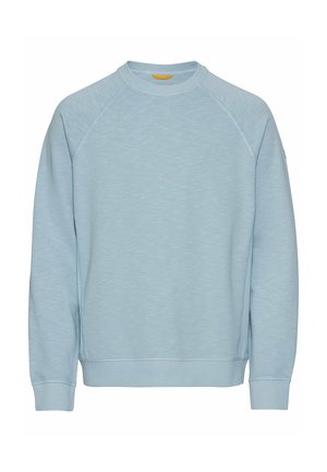 Helles blaues Sweatshirt mit strukturiertem Finish, Raglanärmeln und gerippten Bündchen und Saum. Verfügt über einen runden Crew-Ausschnitt und minimalistische Details.