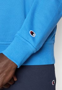 Μπλε βαμβακερό φούτερ με ριμπ μανσέτες, στρογγυλή λαιμόκοψη και μικρό λογότυπο στο μανίκι. Ομαλή υφή με ζωντανό χρώμα.