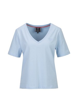 Hellblaues T-Shirt mit kurzen Ärmeln und V-Ausschnitt, kleines gesticktes Logo auf der Brust und ein schwarzes Etikett innen am Kragen.