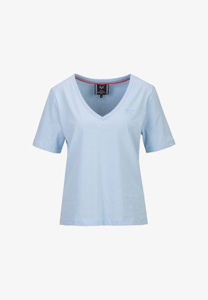 Lichtblauw V-hals T-shirt met korte mouwen, voorzien van een klein geborduurd logo op de borst en een zwart label aan de binnenkant van de kraag.