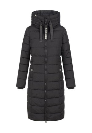 Schwarze gepolsterte Jacke mit hohem Kragen, durchgehendem Reißverschluss und Kordelzugkapuze. Verfügt über Seitentaschen und lange Ärmel mit elastischen Bündchen.