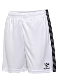 Witte sportshorts met elastische tailleband, voorzien van een zwarte zijpaneel met een geometrisch patroon en een klein logo op de onderkant van de voorkant.