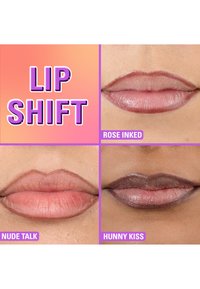 Vier lipkleuren zijn te zien: "Rose Inked" (lichtroze), "Nude Talk" (zacht nude) en "Hunny Kiss" (donkerbruin). Glanzende afwerking, verschillende texturen.