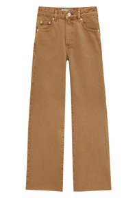 Jean marron à jambes larges en denim doux. Comprend deux poches avant, une fermeture à bouton et un léger effet délavé.