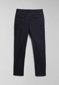 Navy cargo pants featuring two side pockets and two back pockets, made from a durable fabric with a smooth texture and a straight leg design.