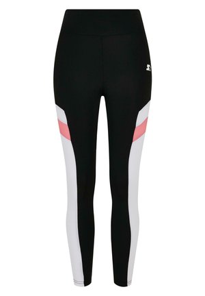 Melni legingi ar baltajiem un rozā akcentiem, piedāvājot augstu vidukļa jostu, pieguļošu dizainu un gludu, elastīgu materiālu komfortam.