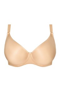 Beżowy stanik wypełniony z gładkiego materiału i regulowanymi ramiączkami. Posiada prosty, bezszwowy design oraz małą dekoracyjną kokardkę na środku.