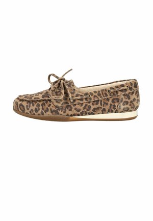 Brauner und schwarzer Loafer mit Leopardenmuster, Schnürschleife oben und hellbrauner Sohle, Seitenansicht auf weißem Hintergrund.