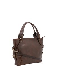 Borsa a tracolla in pelle marrone con doppi manici superiori, tracolla regolabile, ferramenta in tonalità oro e superficie liscia. Presenta dettagli laterali.