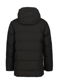 Chaqueta acolchada negra con capucha, que presenta un diseño acolchado, textura suave, mangas largas y un dobladillo recto.