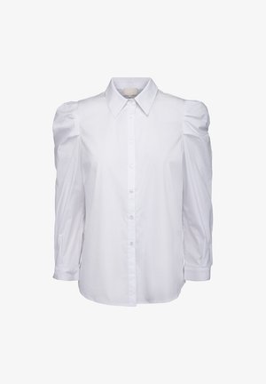 Bielej blúzky s dlhými naberanými rukávmi, zapínaním na gombíky vpredu a golierom. Vyrobená z hladkého materiálu. Má priliehajúci živôtik a voľné rukávy.